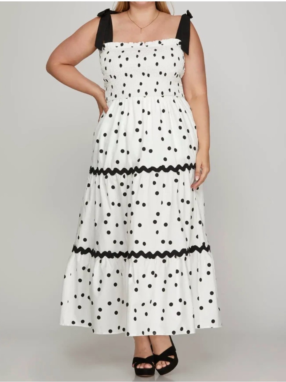 She + Sky Cream Maxi Dress with Navy Polka Dots